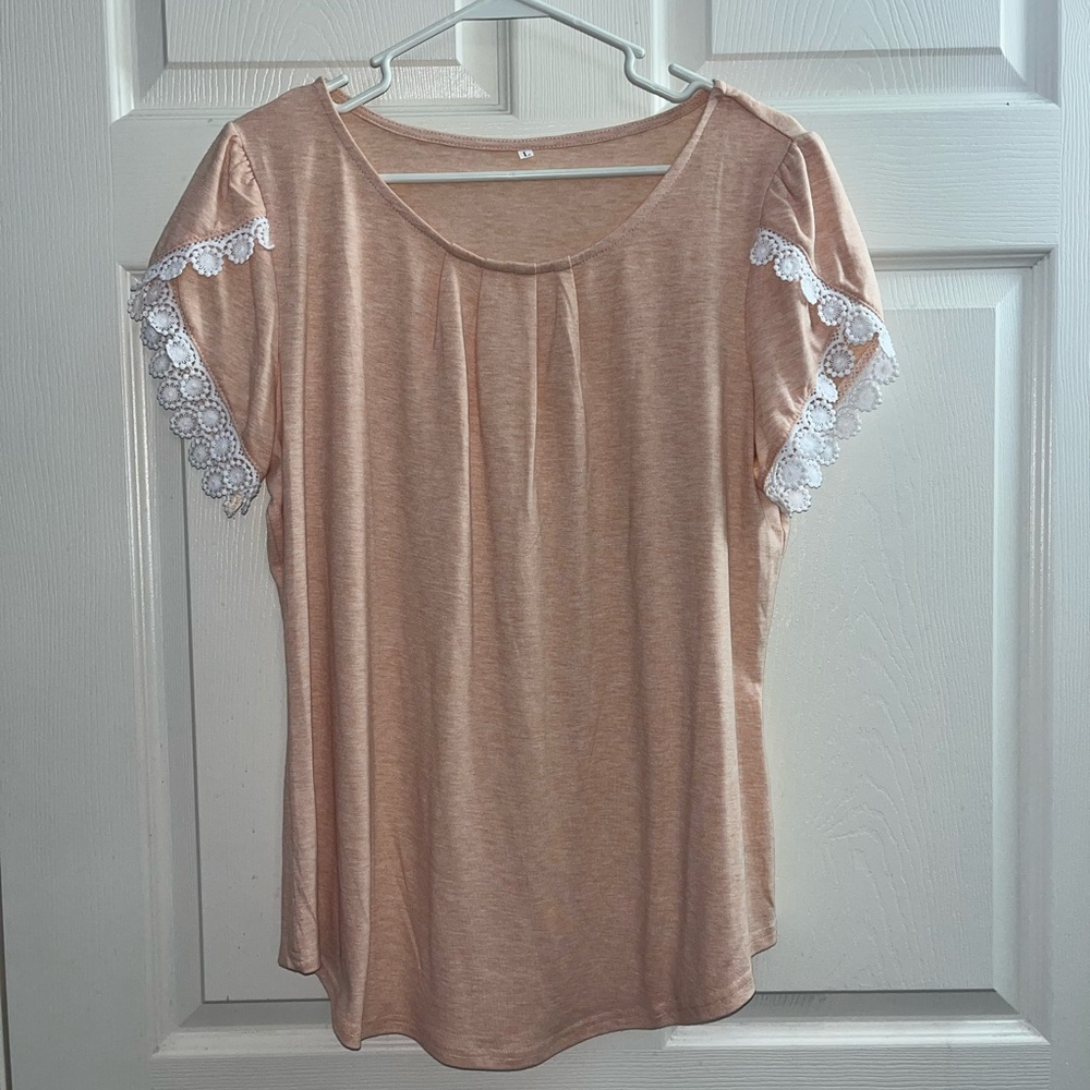 Peach Short Sleeve Top with Lace Detail